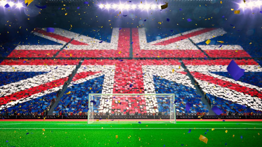 soccer stadium with union jack flag camouflaging audience