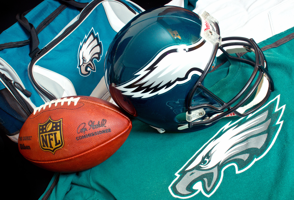 NFL Philadelphia Eagles club equipment, ball, helmet, jersey, and bag