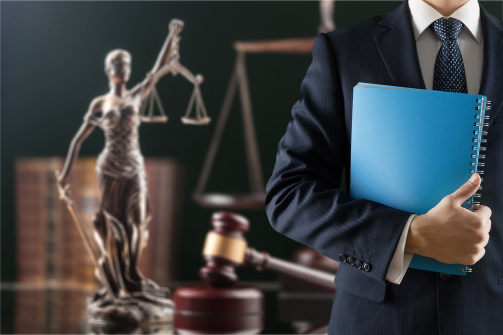 lawyer holding file with lady justice statue in background