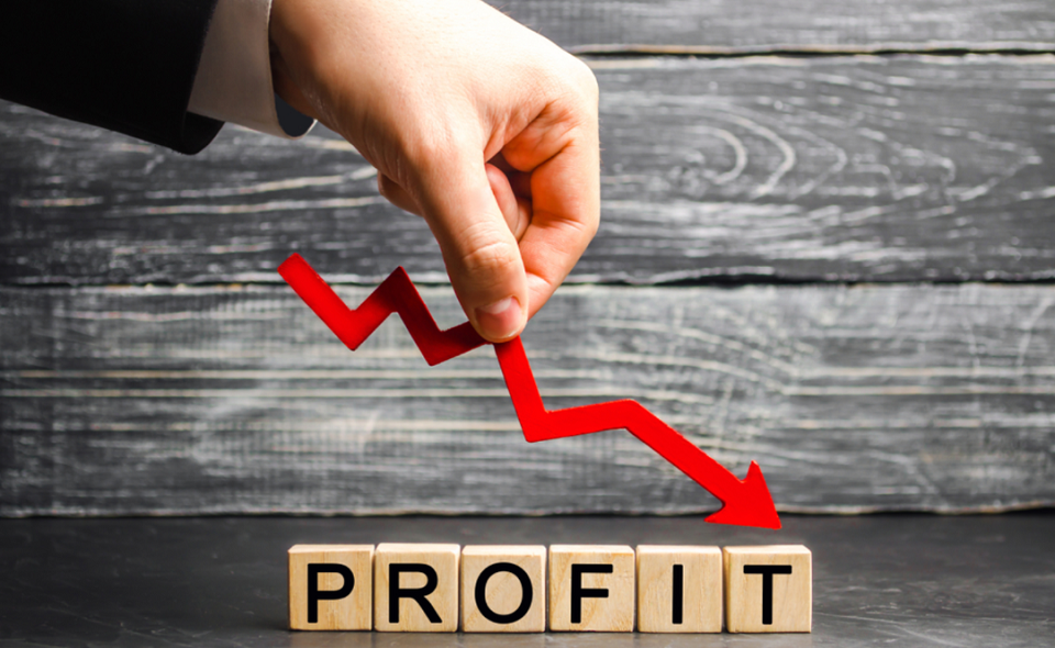 a businessman holds a red arrow to down and the inscription "profit"