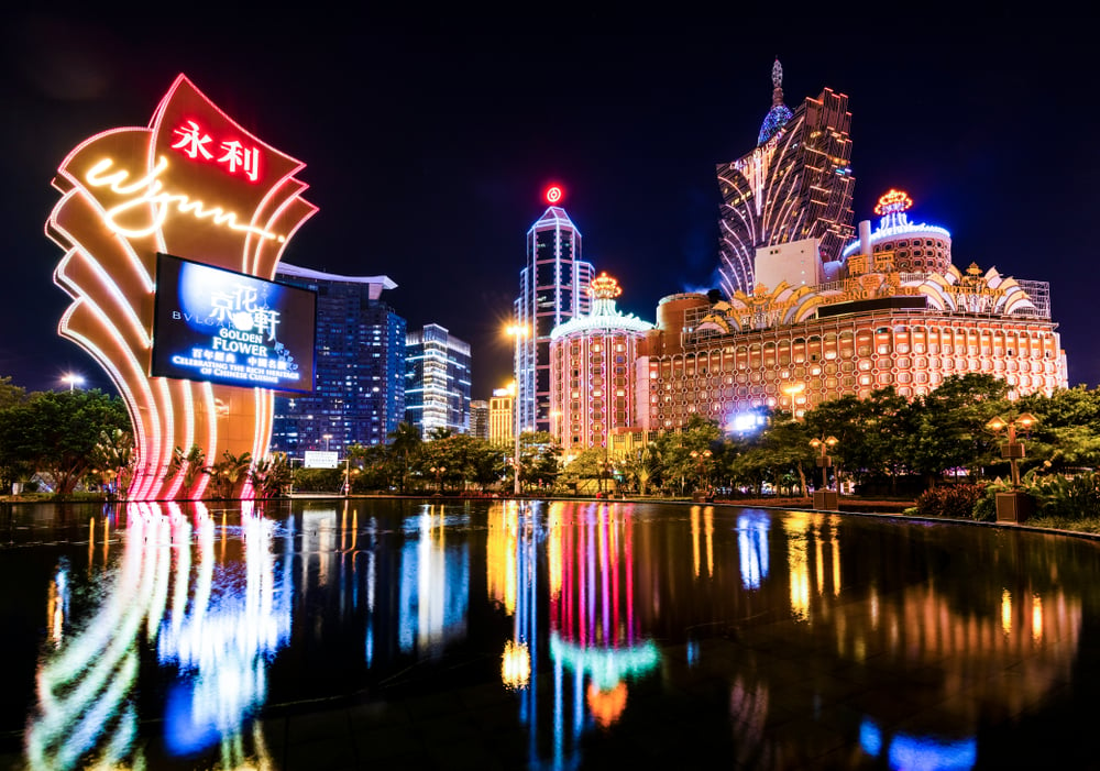 night shot of illuminated casinos in Macau, China