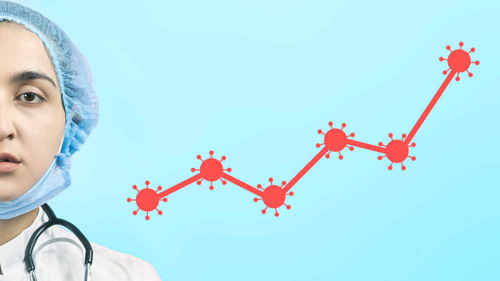 female doctor's face alongside coronavirus surge graphic