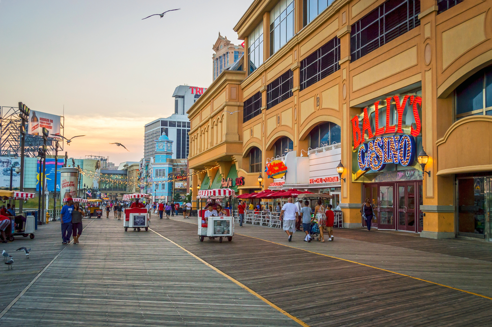 Bally's casino sign by Atlantic City boardwalk